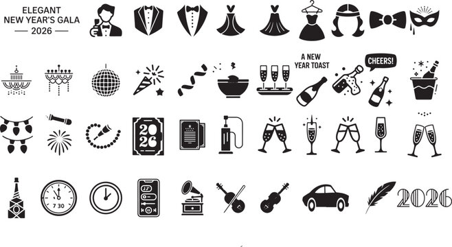 New year's eve celebration icon set: elegant gala party and event kit