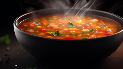 Warm bowl of homemade vegetable soup with fresh herbs on a rustic table