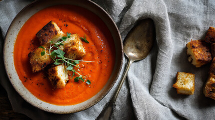 Bowl of tomato soup topped with crunchy croutons on a rustic wooden table