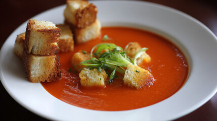 Bowl of tomato soup topped with crunchy croutons on a rustic wooden table