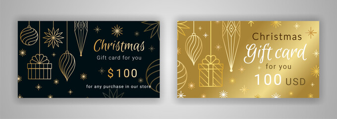 Christmas gift cards. Certificates with line art geometric boxes, baubles and toys. New Year's decorations on the one hundred dollar voucher template. Black gold EPS 10 vector ornate design.