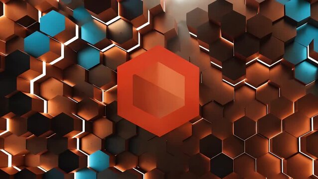 dynamic non-representational composition characterized by interlocking hexagonal forms in vivid tones of scarlet tangerine and azure with spherical elements of diverse dimensions introducing