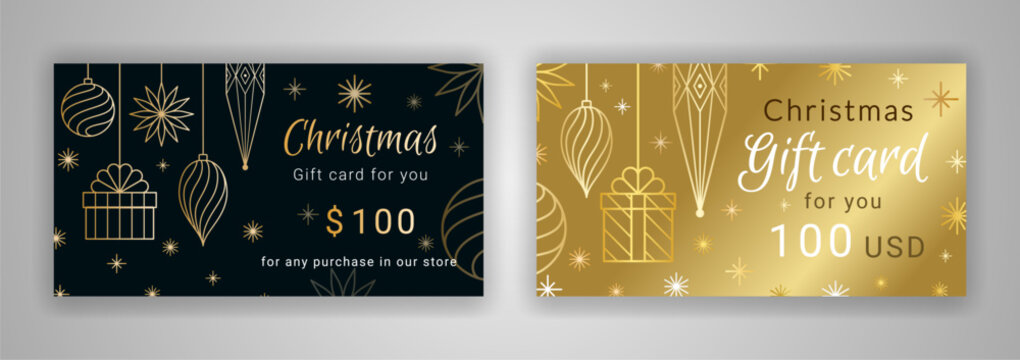 Christmas gift cards. Certificates with line art geometric boxes, baubles and toys. New Year's decorations on the one hundred dollar voucher template. Black gold EPS 10 vector ornate design. - Powered by Adobe