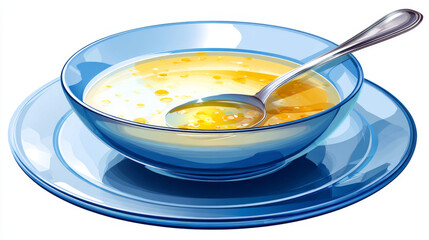 Bowl of soup served on blue background with spoon and plate stand
