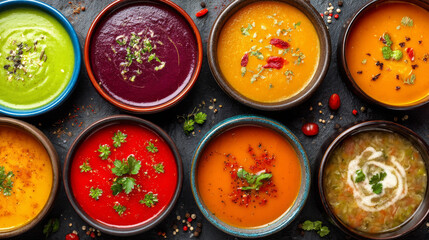 Colorful selection of plant-based soups arranged on a black table, top view