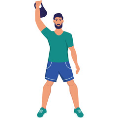 Muscular Man Exercising With Kettlebell in Teal T Shirt and Blue Shorts on White Background