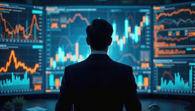 Man in suit looks at screens with stock charts. He analyzes financial data on multiple monitors in dark office. Big data visualization shows market trends and performance. - Powered by Adobe
