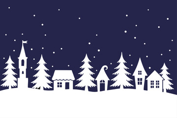 Winter Village Silhouette at Night with Pine Trees and Falling Snow, Christmas Holiday Background