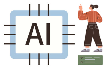 Circuit board with AI text, person gesturing in curiosity or explanation. Ideal for AI, innovation, technology learning, creativity, data analysis, problem-solving digital transformation. A simple