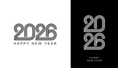 2026 Happy New Year vector logo or typography with layered black line typography on white background, 2026 new year line art logo design © designpro