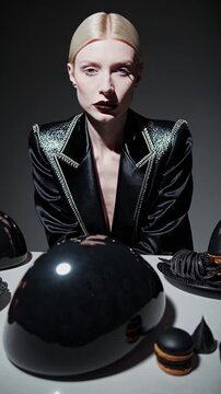 Femme en tenue noire entour&eacute;e d&rsquo;objets design noirs et dor&eacute;s