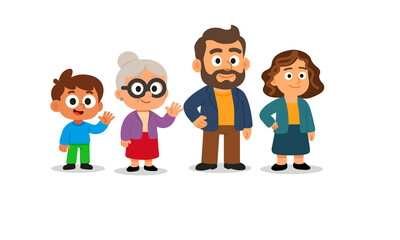 Cartoon family illustration with parents, grandmother and child. Cute flat characters in modern style, perfect for education, family concepts, or lifestyle design projects.