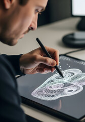 Designer Creating a Wireframe Model on a Tablet with Stylus