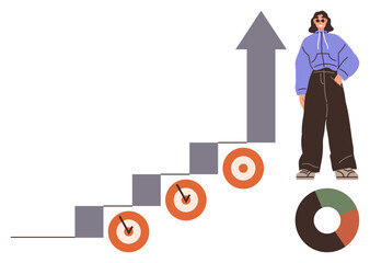 Woman in casual attire stands beside an upward arrow with three target goals and a circular chart. Ideal for success, growth, strategy, goals, progress tracking, career development, simple flat