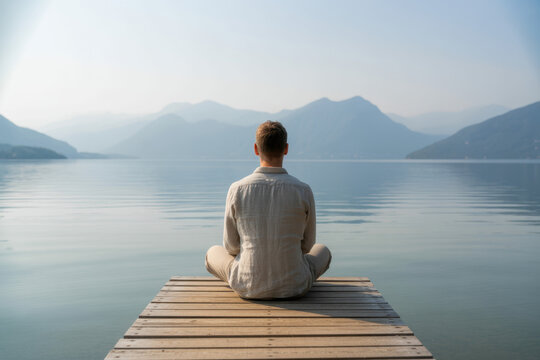 Man meditating on a wooden pier looking at a mountain lake. Back view of a person relaxing in nature. Solitude and mindfulness concept 
