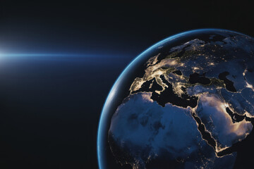 Planet Earth at night seen from space with illuminated cities in Europe, Africa, Middle East, Asia regions, highlighting human activity and global connectivity against the dark universe. Space. 