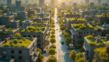 diorama of green city with green rooftops and clean energy