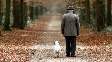 Elderly man walking with his dog along a peaceful forest path covered in autumn leaves during golden hour