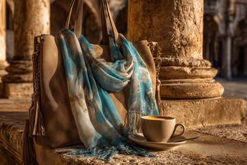 Ponadczasowa taupe'owa torebka, szal w odcieniach turkusu i kawa na tle antycznej architektury. Idealna harmonia kolorów i faktur w ciepłym świetle.