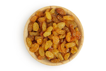 Yellow Raisins in wooden bowl isolated on white background. Top view. Flat lay,