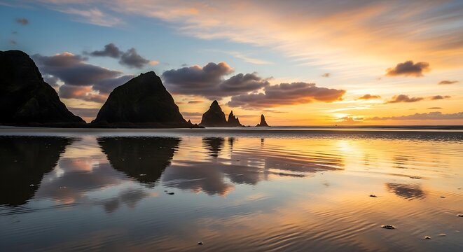 Dramatic coastal seascape at sunset featuring stunning rock formations and mirror-like water reflections