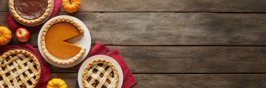 Homemade autumn pie corner border. Top down view on a dark wood banner background with copy space. Variety of apple, pumpkin and pecan pies. 
