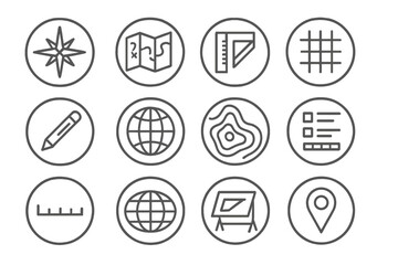 Cartography Icons Collection. Line style circular vector icons of Cartography: Compass Rose, Map, Ruler, Grid; Pencil, Globe,