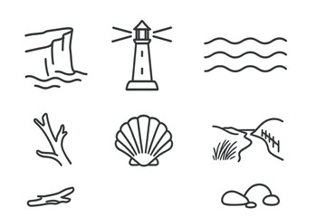 Fototapeta premium Seaside Line Icons. Line style icons of Seaside Landscape: Cliff, Lighthouse Beam, Waves, Driftwood, Seashell, Coastal Path, Dune