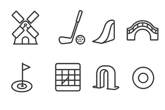 Mini Golf Icons. Line style icons of Mini Golf: Windmill, Putter, Ball, Ramp, Bridge, Hole, Scorecard, Obstacle, No text, No