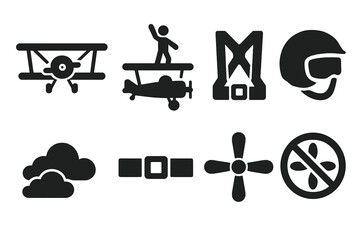 Aerobatic Adventure Icons. Solid style icons of Aerobatic Adventure: Biplane, Wingwalker, Harness, Helmet, Sky, Clouds, Strap,