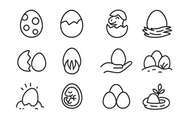Dinosaur Egg Icons. Line style icons of dinosaur eggs in round shape: spotted egg, cracked egg, baby dinosaur emerging, egg nest;
