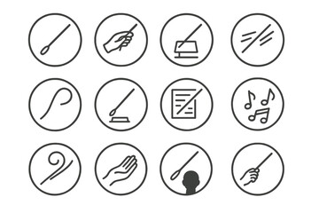 Conductor's Baton Icons. Line style icons of conductor's batons in round shape: classic baton, baton with hand, baton and podium,