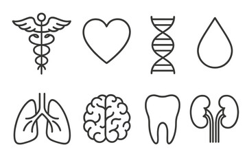 Medical Symbol Icons. Line style icons of Medical symbols: caduceus, heart, DNA helix, drop of blood, lungs, brain, tooth, kidney,