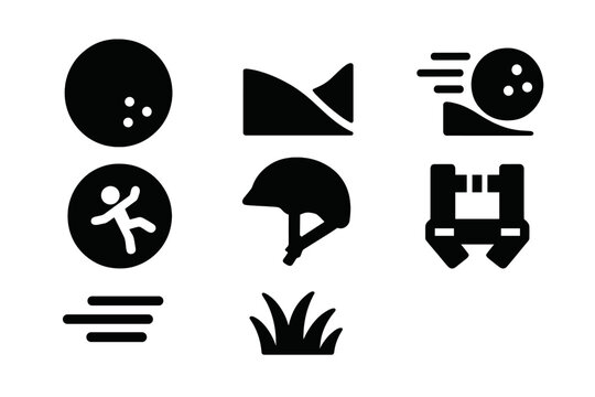 Extreme Zorbing Icons. Solid style icons of Extreme Rolling Adventures: Inflatable Ball, Hill, Momentum, Zorbing, Helmet, Harness,