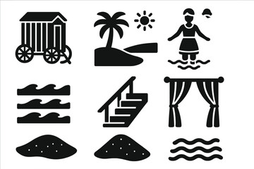 Vintage Bathing Icons. Solid style icons of Vintage Bathing Machine: Wheeled Cabin, Beach, Victorian Swimmer, Ocean, Wooden Steps,
