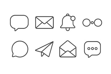 Messaging Icon Symbols. Line style icons of Messaging symbols: SMS bubble, unread mail, notification bell, voice message icon,