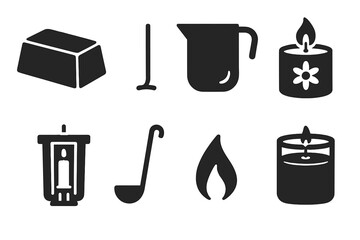 Fototapeta premium Candle Making Icons. Solid style icons of candle making: wax block, wick, melting pot, scented candle, mold, ladle, flame, glass