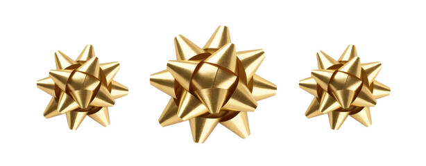 Set of golden paper ribbon bows isolated on white or transparent background. Top and profile views. 
