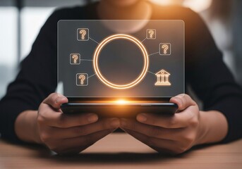 Person holding transparent screen displaying financial network and bank icon with question marks.