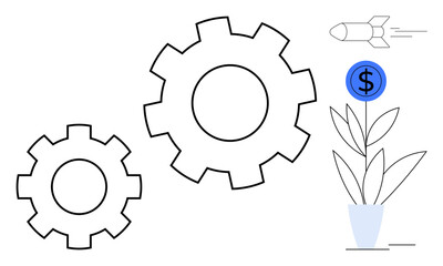 Two interconnected gears, plant with dollar sign signifying financial growth, and rocket representing innovation. Ideal for productivity, business growth, innovation, strategy, progress, efficiency