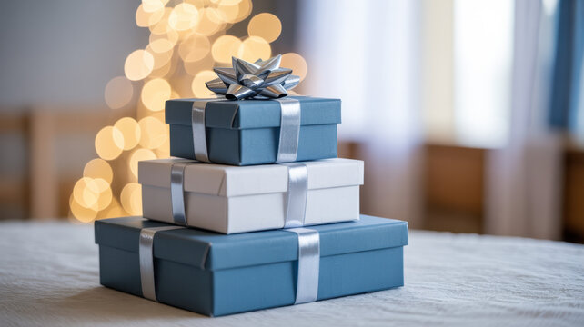 Stack of three blue gift boxes with silver ribbons tied around them. the boxes are arranged in a pyramid-like shape, with the top box slightly higher than the bottom one.