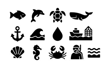 Silhouette icons of marine life and nautical elements for ocean-themed designs
