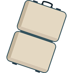Open beige suitcase with dark blue trim and black handle on a white background. The suitcase is split into two compartments with a hinge in the middle. 