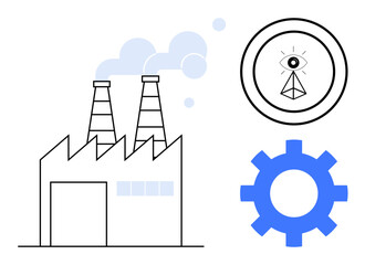 Factory with smoke-emitting chimneys, large gear, and abstract eye-triangle symbol. Ideal for industry, production, automation, innovation, surveillance technology process optimization. Simple flat