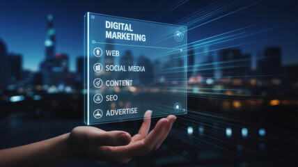 A futuristic hand displaying a digital marketing dashboard featuring key elements like web, social media, content, SEO, and advertising strategies for businesses. Synapse 