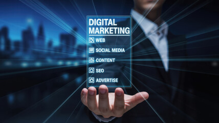 A futuristic hand displaying a digital marketing dashboard featuring key elements like web, social media, content, SEO, and advertising strategies for businesses. Synapse 