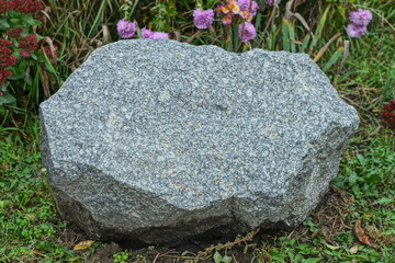 One big clean gray natural hard heavy granite mountain building stone lies on the ground near flowers during the day outdoors © FEDOR