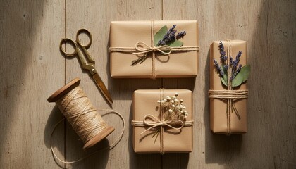 Overhead view of three handcrafted gifts wrapped in brown paper, decorated with twine and flowers, alongside scissors and string on a wooden table.