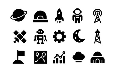 Space exploration icons set featuring robots, rockets, and astronauts in bold silhouette style
