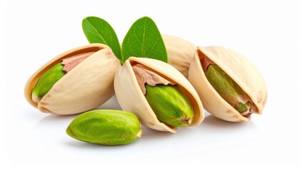 Group of pistachio nuts with shell and leaves symbolizing plant-based nutrition, sustainable agriculture, festive snacking and natural lifestyle inspiration